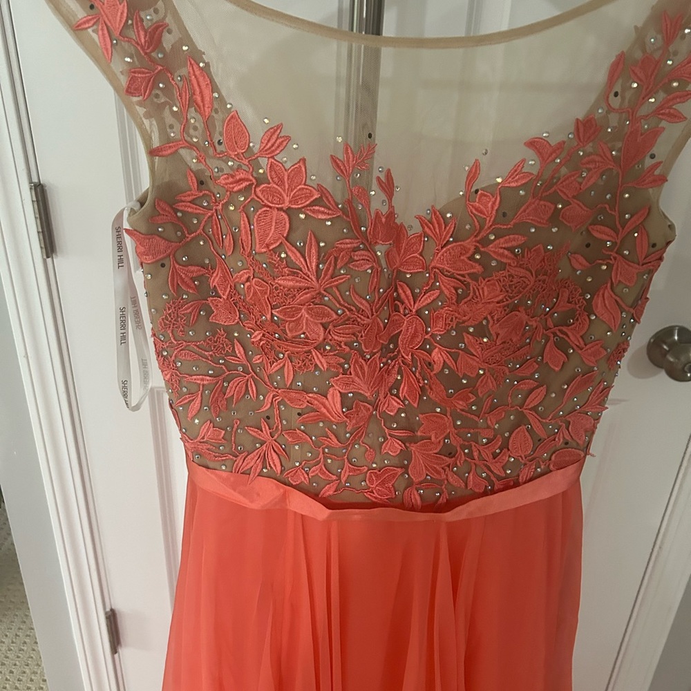 SHERRI HILL long coral prom dress- Size 8